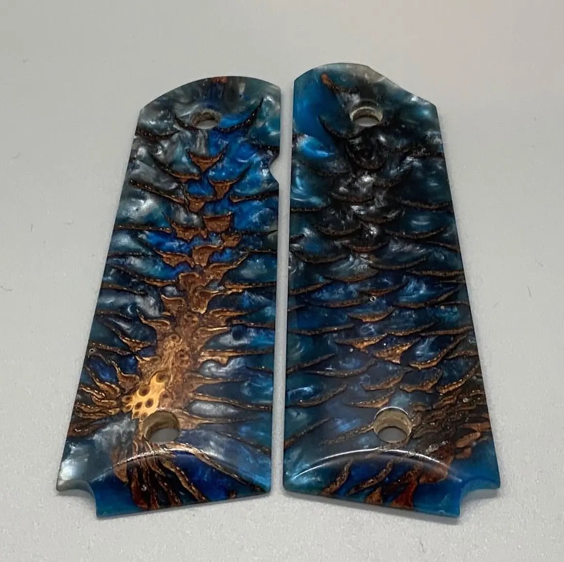Pinecone and Blue Resin 1911 Grips