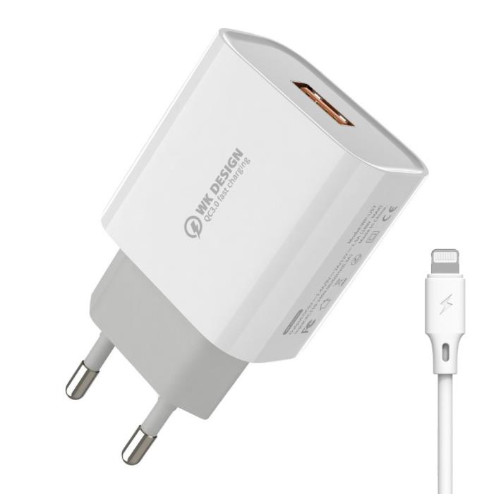 Φορτιστής Σπιτιού 18W WK WP-U57, με καλώδιο Lightning Λευκό (250556)