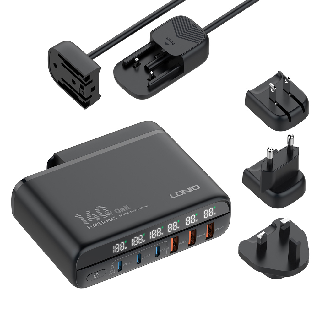 LDNIO σταθμός φόρτισης A6140C, 3x USB-C/3x USB, 140W, PD/QC, GaN, μαύρος (110973)