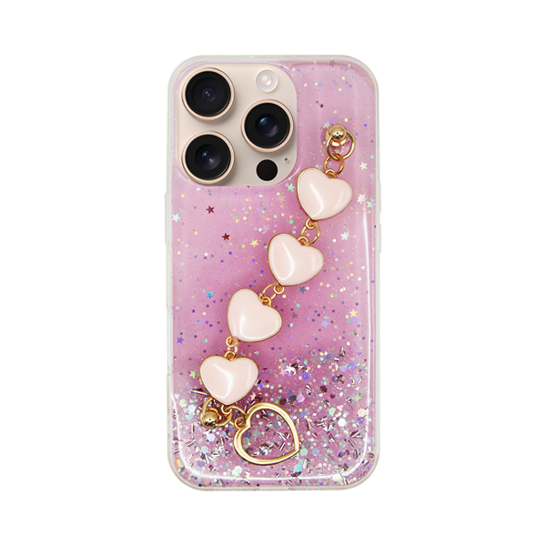 Vivid Glitter Case with Heart Chain Hand Strap Apple iPhone 16 Pro Pink (CS-HLD-3-2409001)