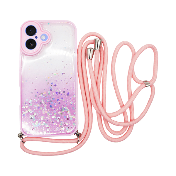 Vivid Bling Glitter with Stars Case and lanyard Apple iPhone 16 Pink (CS- NC-2-2409001)