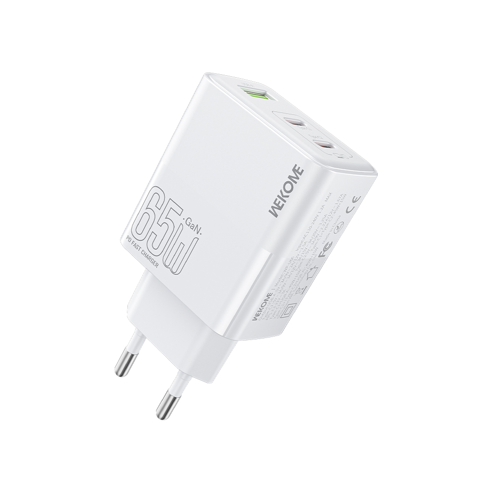 Φορτιστής Σπιτιού GaN PD 65W WK WP-U66 3 Θέσεων Λευκό (250935)