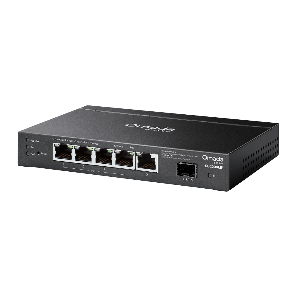 SWITCH 5-Port Gigabit+ 1*Gigabit SFP+ Smart Managed  4Port PoE+  63W PoE Power Desktop Steel Case (SG2206MP)