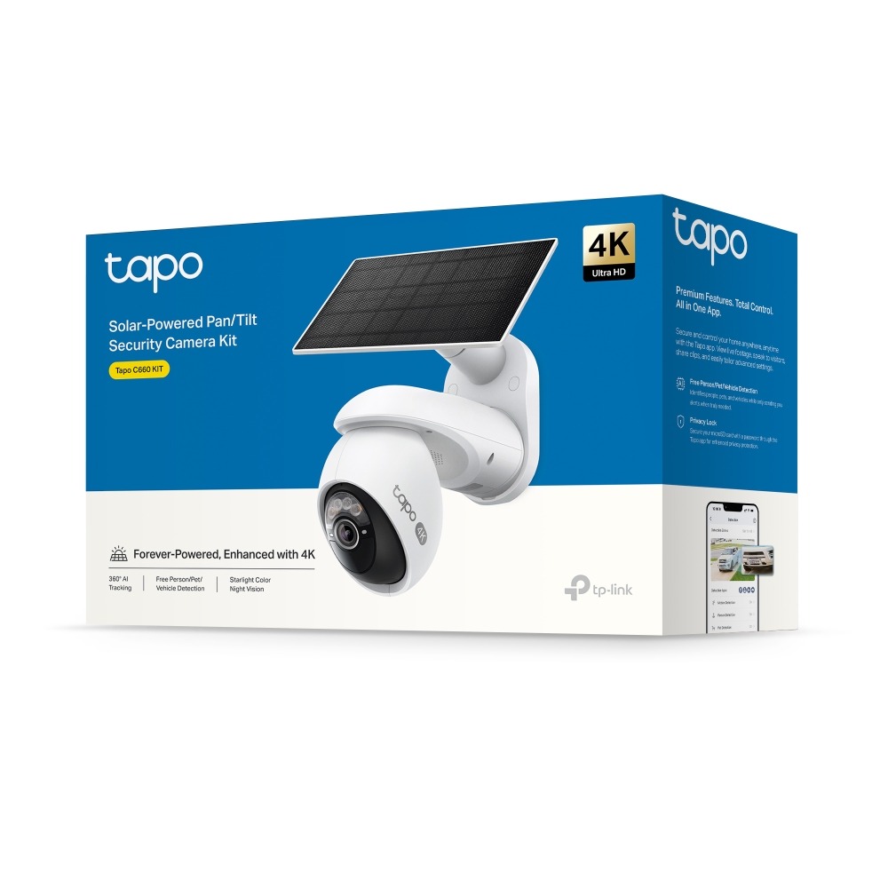 Camera Solar-Powered Pan/Tilt 4K 8MP (3840?2160), 10000mAh battery &Solar Panel (Tapo C660 KIT)