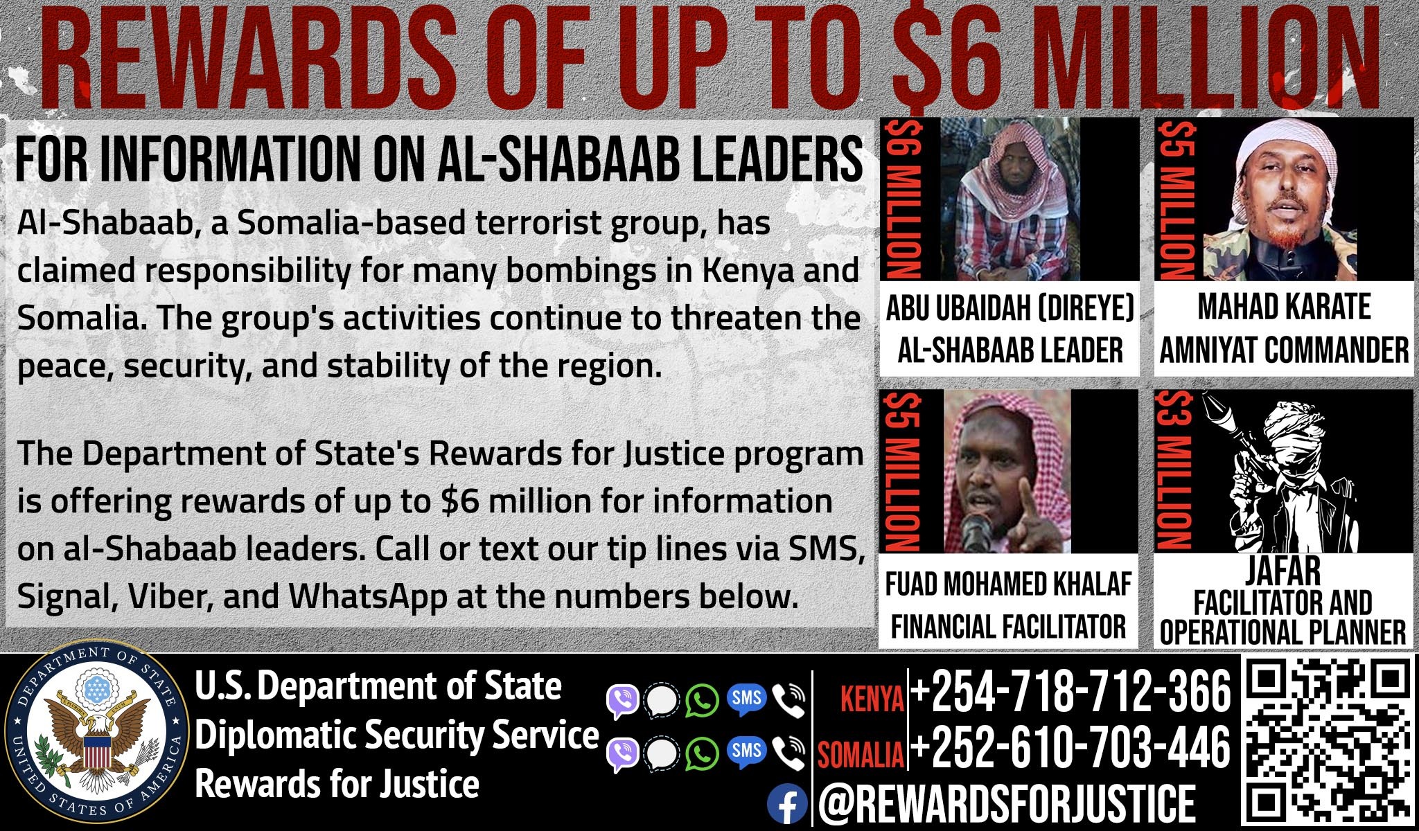 Dowladda MAREYKANKA oo $19 milyan ku raadinaysa AFAR ka mid ah madaxda Al-Shabaab + Magacyada
