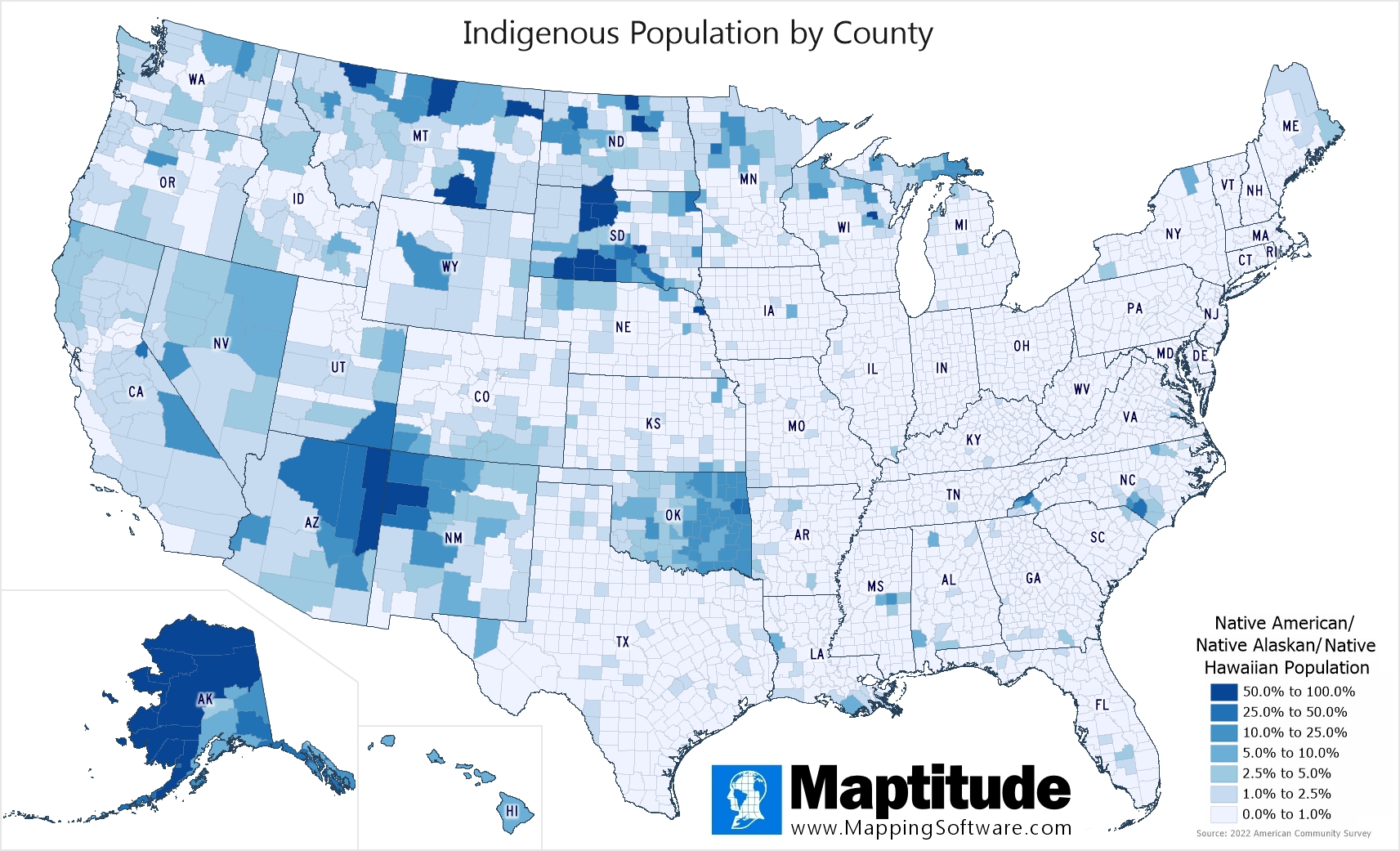 Native American Population Map Native Americans In The United States Maptitude Native American County Map 