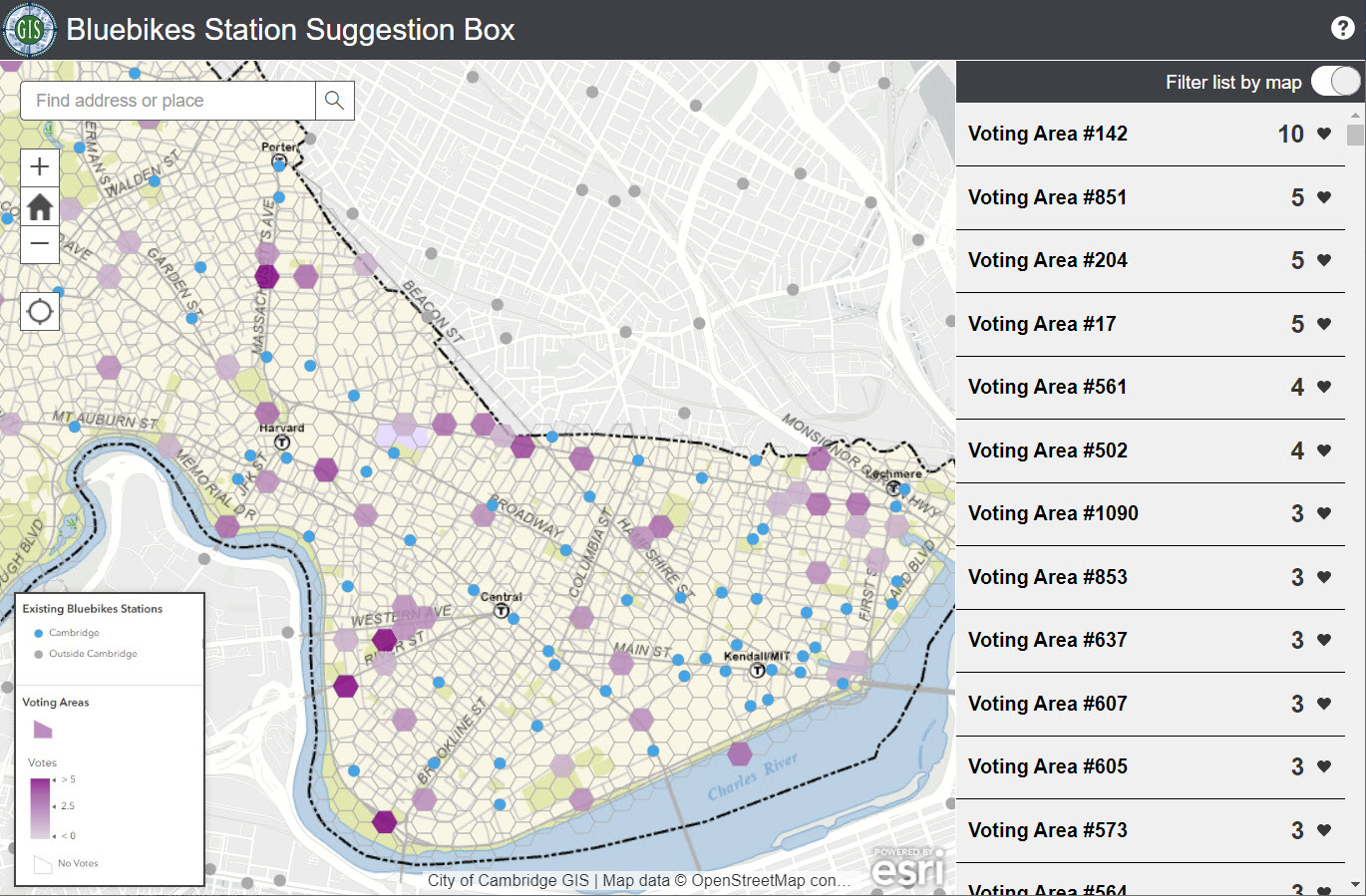 Map Of Cambridge With Hexagons Colored By The Amount Of Votes They Receive CDD Bluebikes 