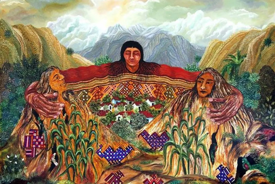 Representación artística de la Pachamama como madre tierra, mostrando la fertilidad de la naturaleza.