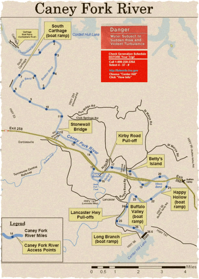 A map of the Caney Fork River from www.canoethecaney.com.