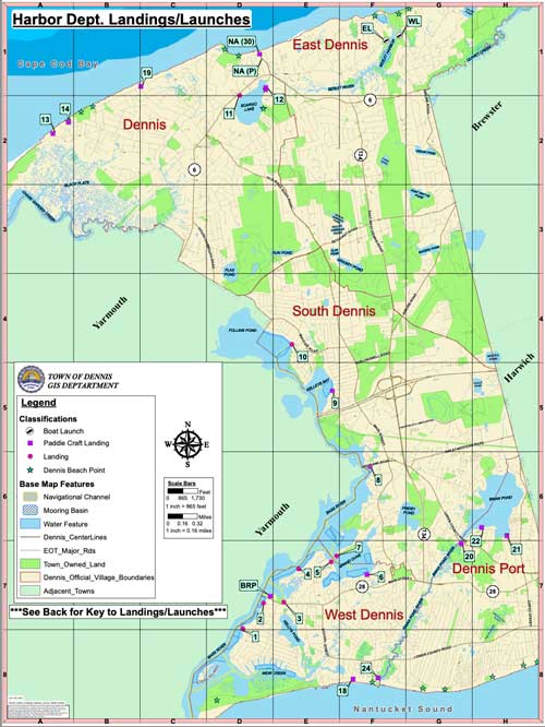 Map of places to launch kayaks and boats in Dennis which includes all boat and paddle craft landings.