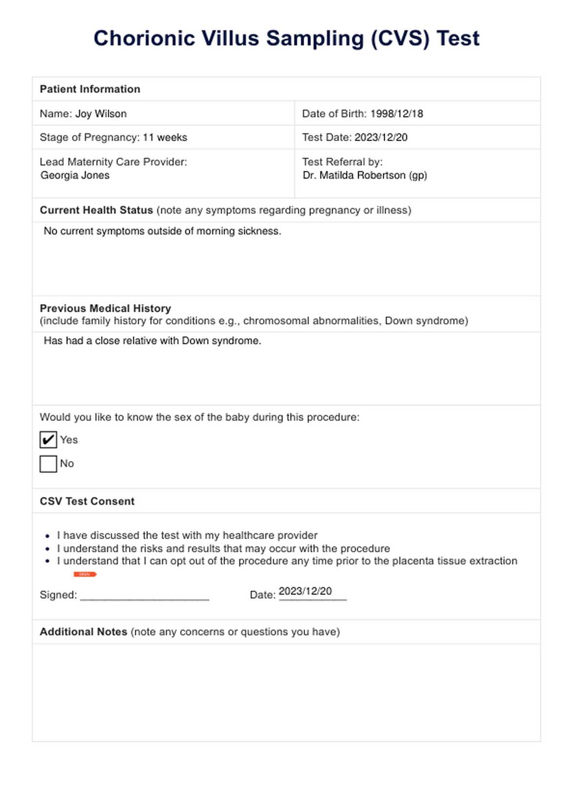 Cvs pregnancy test template & example