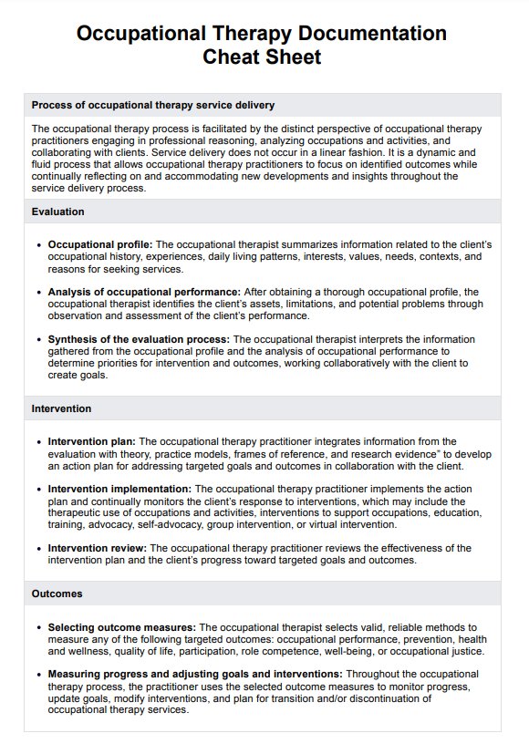 Occupational therapy documentation cheat sheet & example