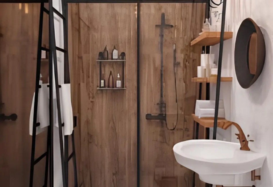 Uma casa de banho decorado com cobre.