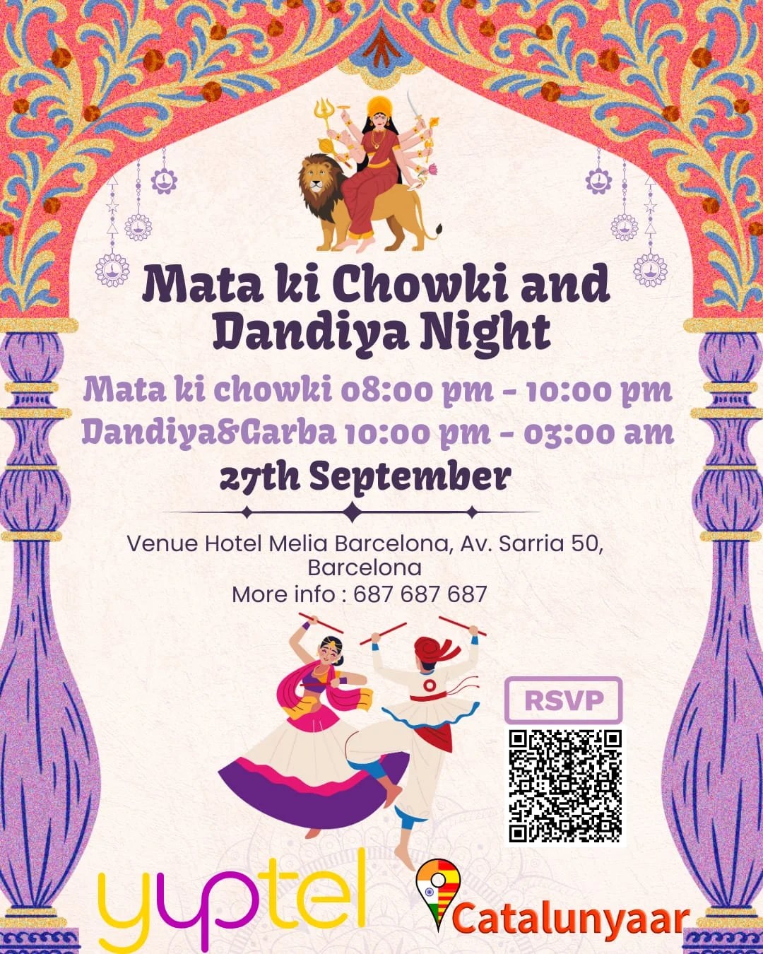 Event poster of Mata Ki Chowki & Dandiya Night 2025 in Barcelona at Hotel Melia, featuring devotional Mata Ki Chowki and Garba Dandiya dance night with free entry.
