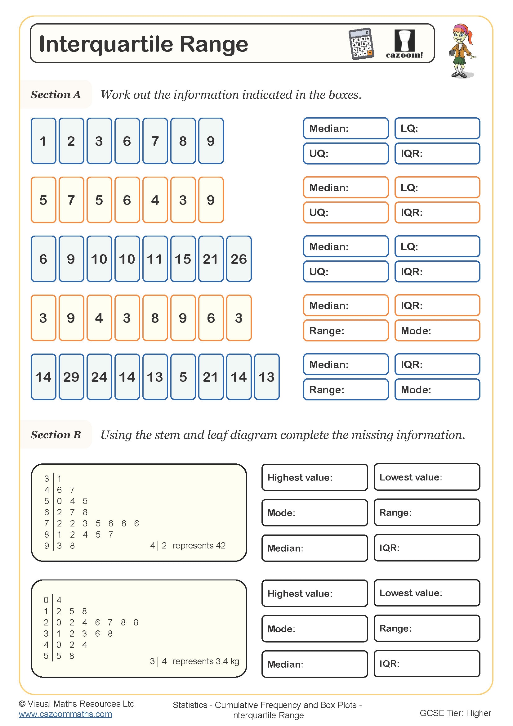Interquartile range worksheet