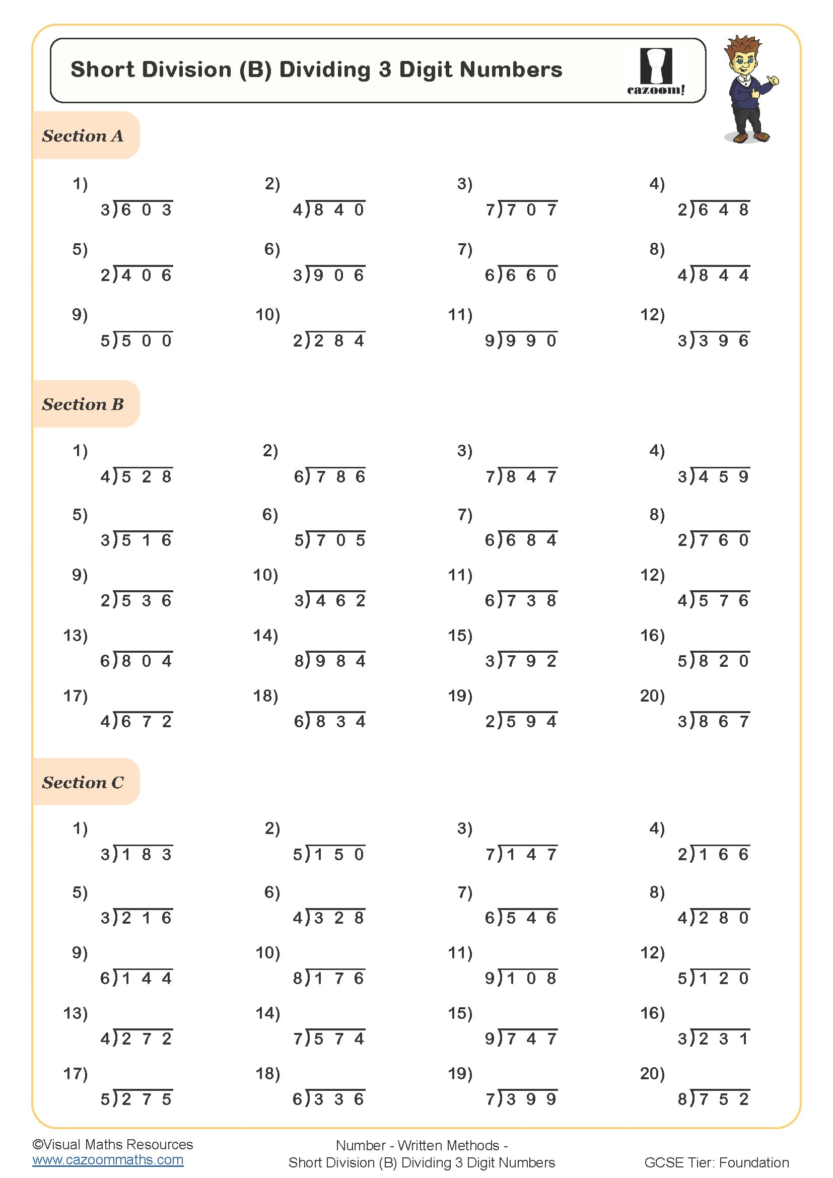 Short division (b) dividing 3 digit numbers worksheet