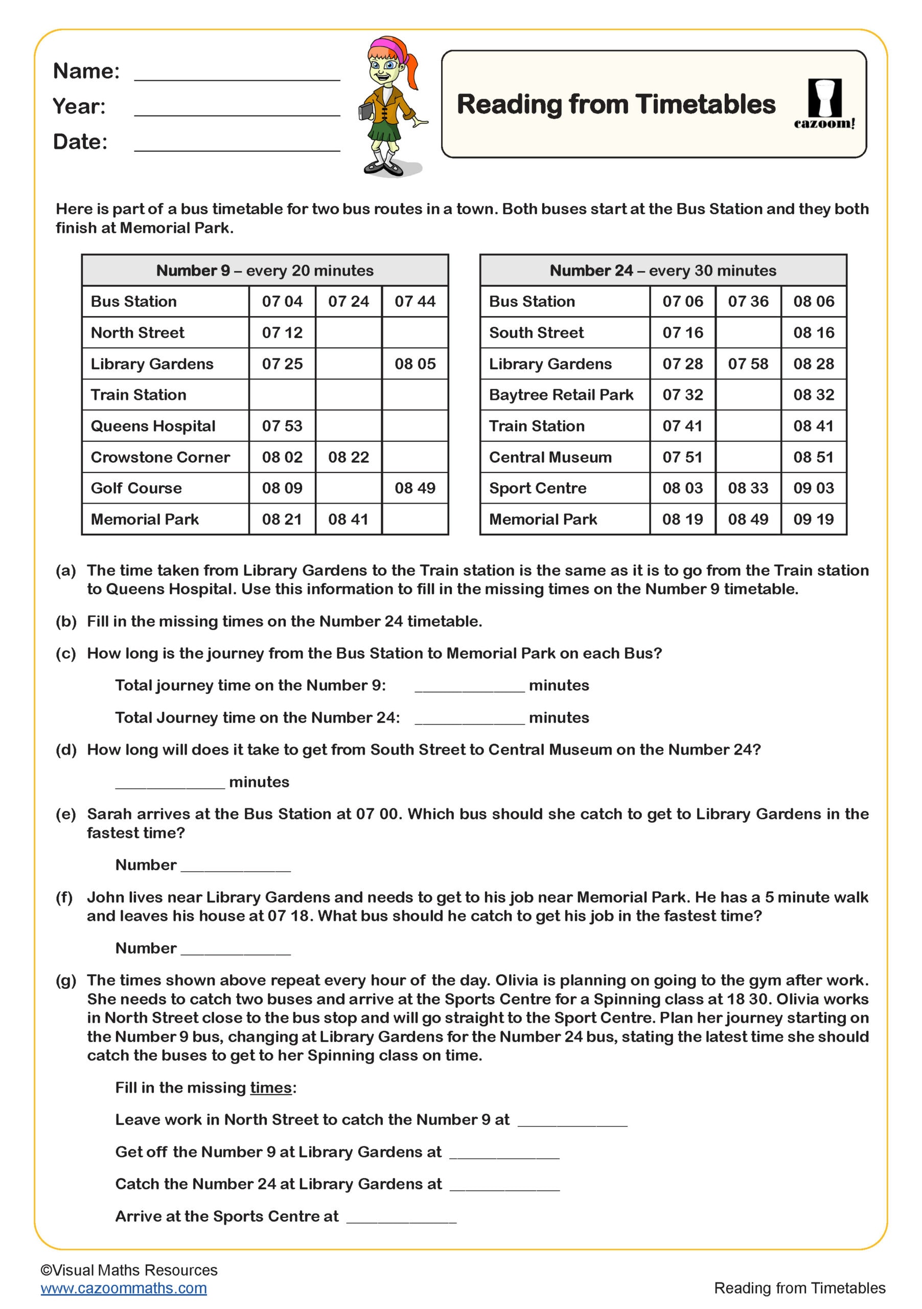 Reading from time tables worksheet