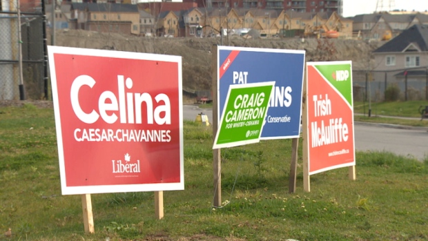 Lawn signs in Whitby-Oshawa in late 2014 during a by-election campaign.