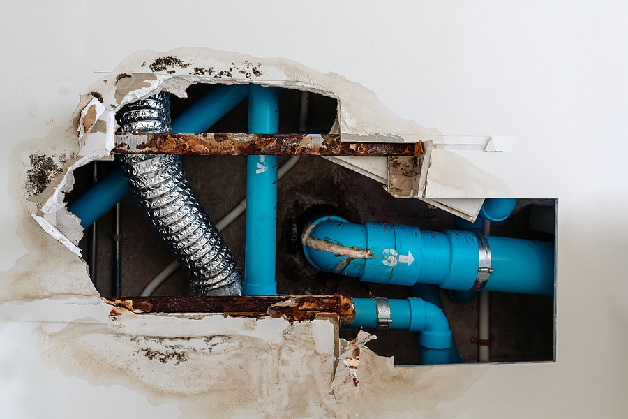 Plumbing issues found behind a wall during home inspection