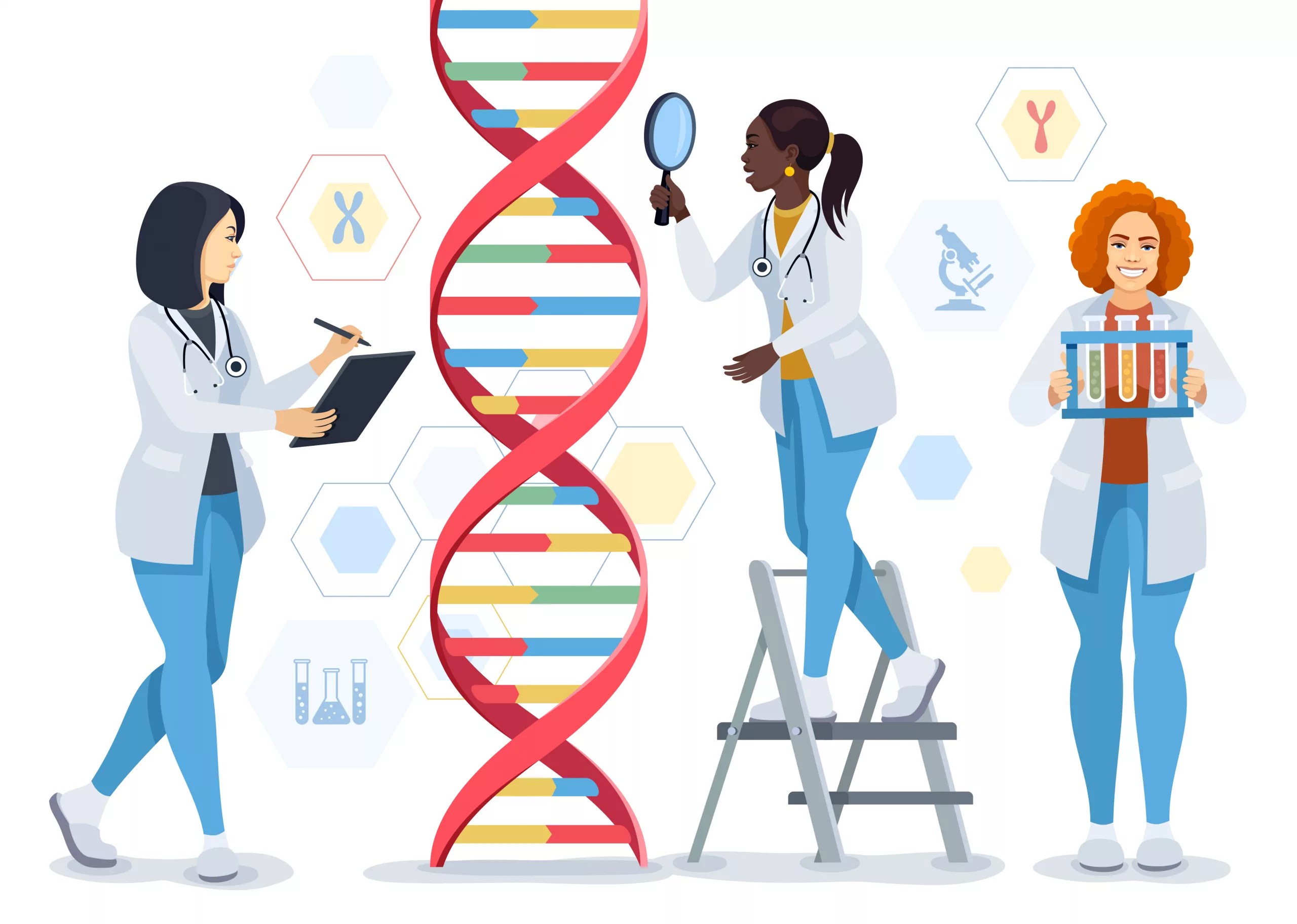 African-American Female Doctor character are testing DNA with magnifier. Scientist with a test tube. Medical laboratory concept. Medical laboratory concept. Genetic test concept.