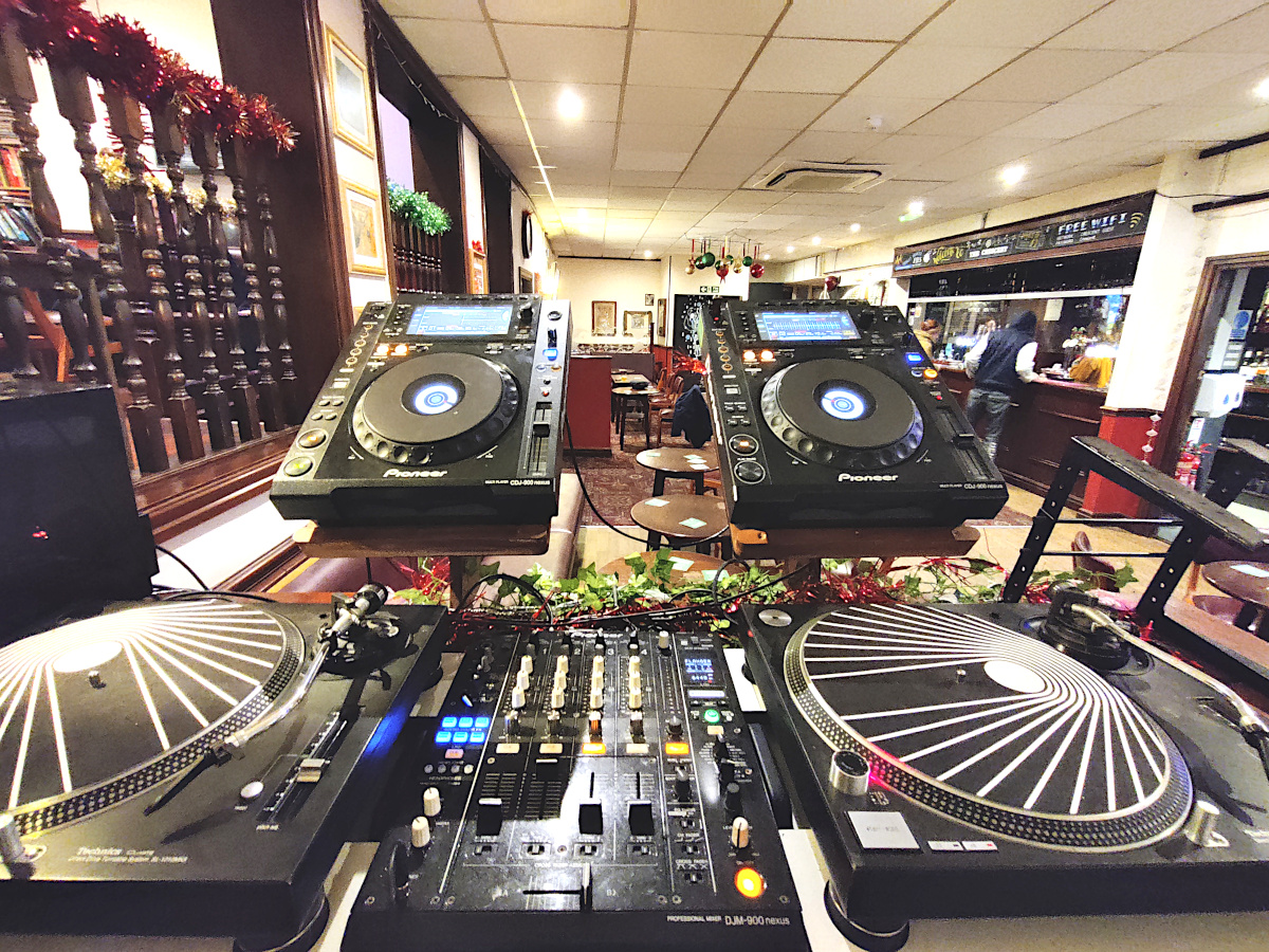 Behind the turntables at an Open Decks night