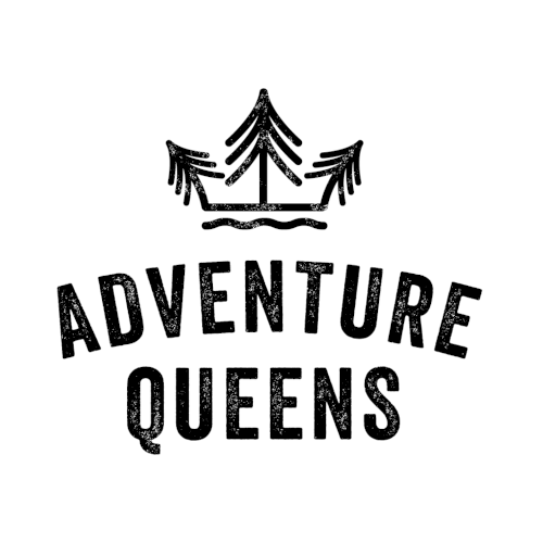 A black and white logo for Adventure Queens
