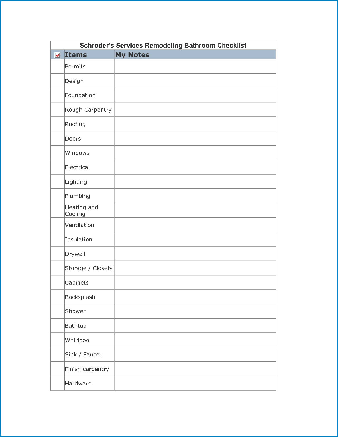 Free Printable Bathroom Remodel Checklist Template Checklist Templates