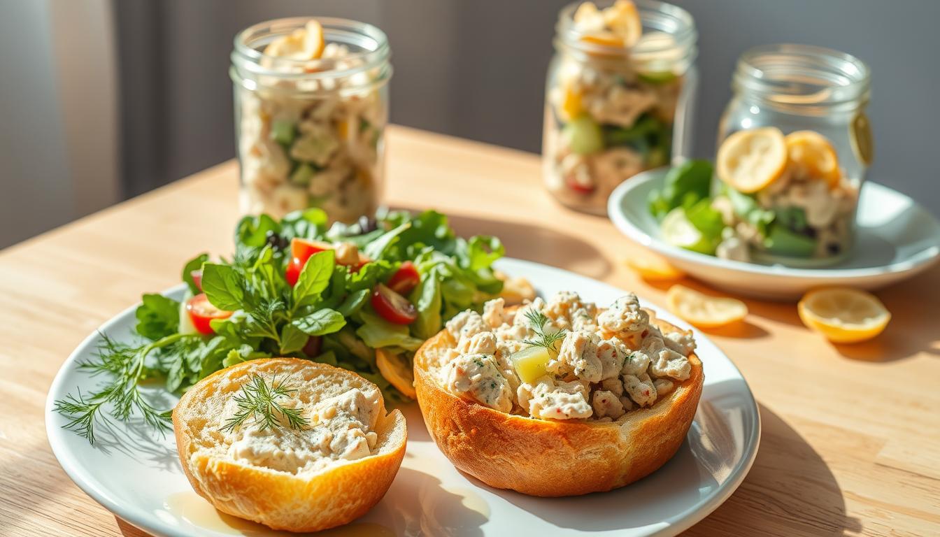 A crisp, sun-drenched tabletop scene featuring an array of serving suggestions for a dill pickle tuna salad. In the foreground, a fluffy brioche bun is split open, its golden interior contrasted by the vibrant green of fresh dill sprigs and the creamy, textured tuna salad. Beside it, a bed of mixed greens is dressed with a light vinaigrette, ready to be topped with scoops of the flavorful salad. In the middle ground, a glass jar filled with the tuna mixture sits alongside crunchy dill pickle chips, inviting the viewer to assemble a standalone salad. The background showcases a classic white ceramic plate, its simple elegance allowing the star ingredients to shine. Warm, natural lighting casts a soft glow over the scene, capturing the nourishing and appetizing nature of this dill pickle tuna salad.