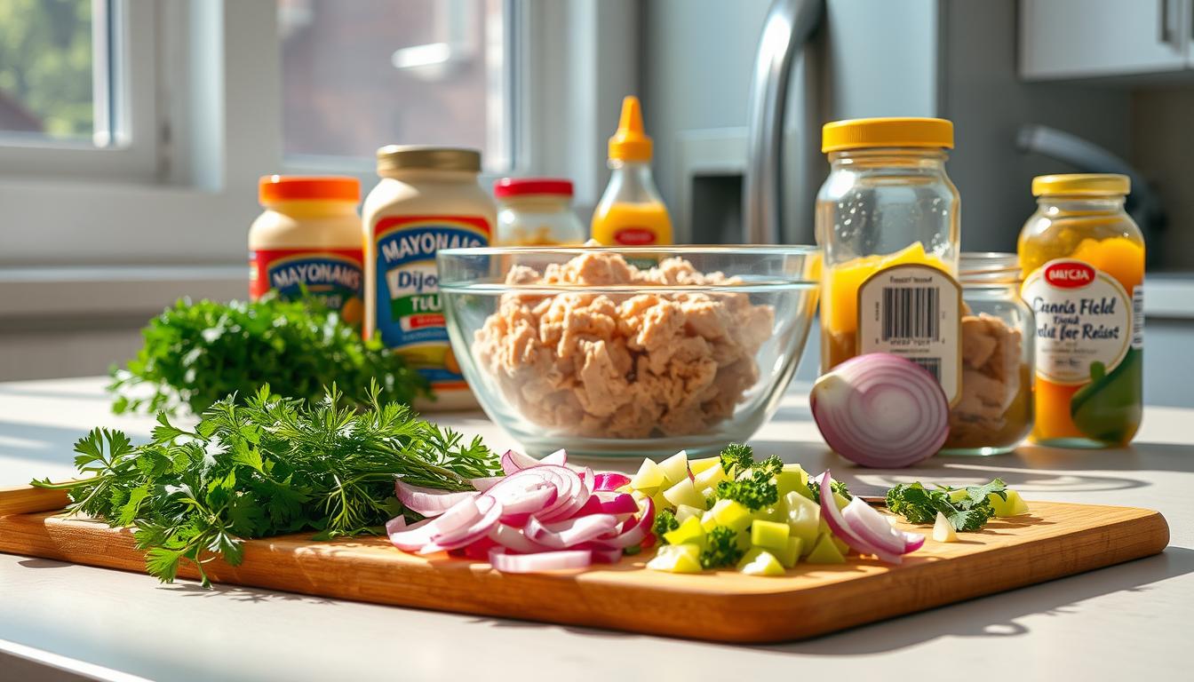 A meticulously organized workspace, bathed in soft, natural light from large windows. In the foreground, a chopping board holds freshly diced celery, dill, and red onions, their vibrant colors contrasting beautifully. In the middle ground, a glass bowl overflows with canned tuna, its flaky texture inviting. Jars of mayonnaise, Dijon mustard, and dill pickle relish stand ready, their labels clearly visible. The background reveals a clean, minimalist kitchen countertop, with a sleek stainless-steel appliance adding a touch of modern elegance. The overall scene conveys a sense of calm, focused preparation, perfectly suited for a step-by-step tuna salad recipe.