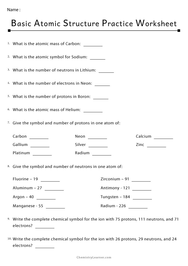 free printable atomic structure worksheets