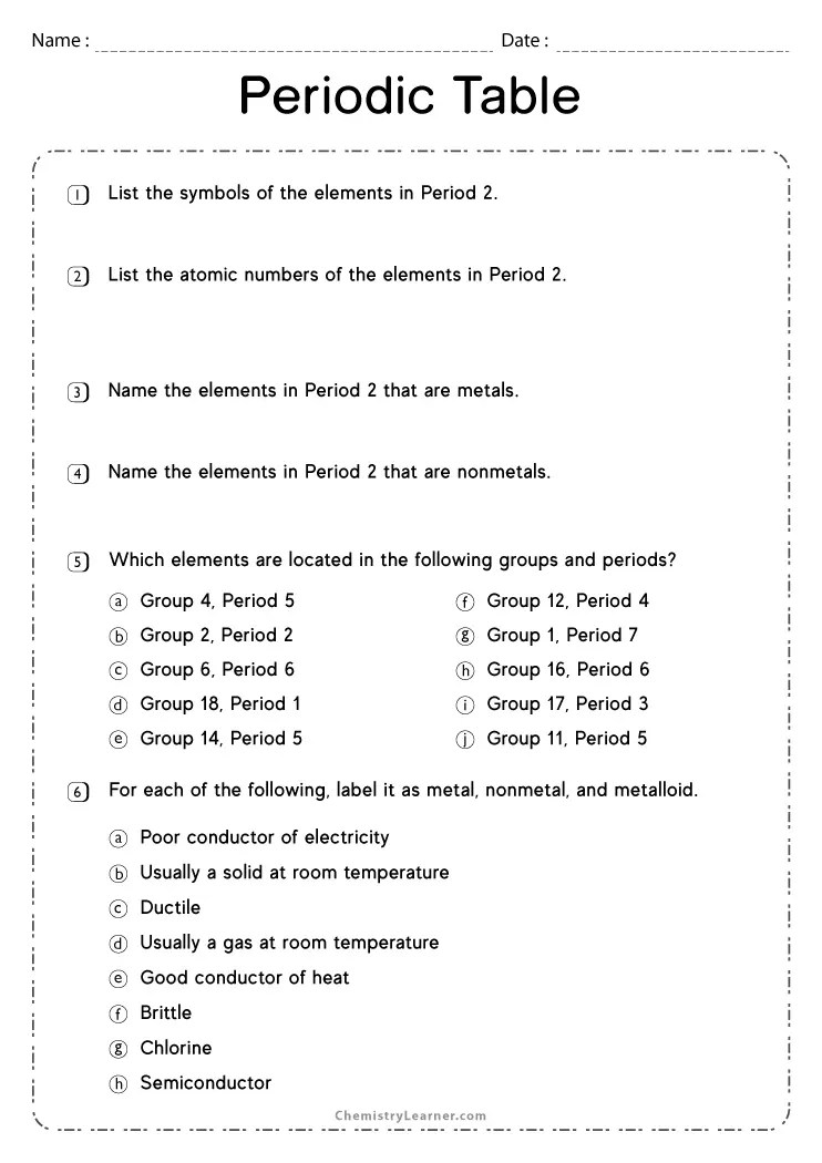 Worksheet 5 Types Of Elements And Properties Topic 2 The Periodic Table Answers