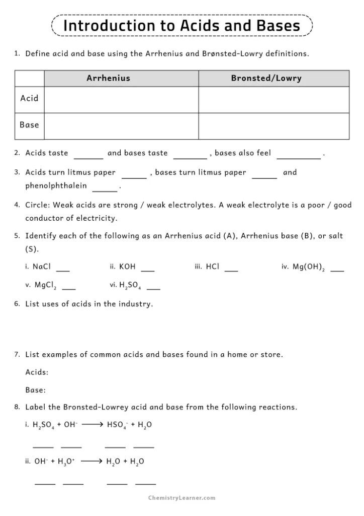 Free printable acids and bases worksheets