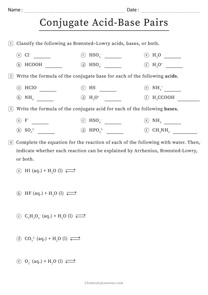 Free printable conjugate acid base pairs worksheets