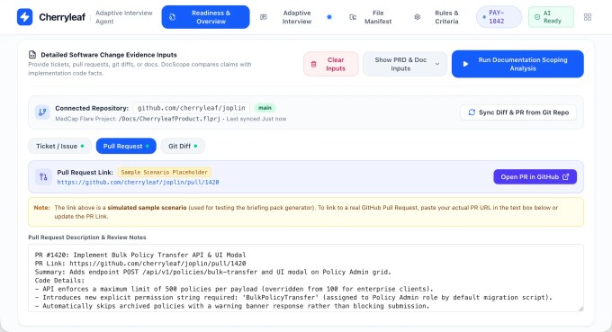 Cherryleaf documentation scoping application showing evidence inputs for a simulated pull request. The screen includes a connected repository, ticket, pull request and Git diff tabs, implementation details, and a button to run the documentation scoping analysis.