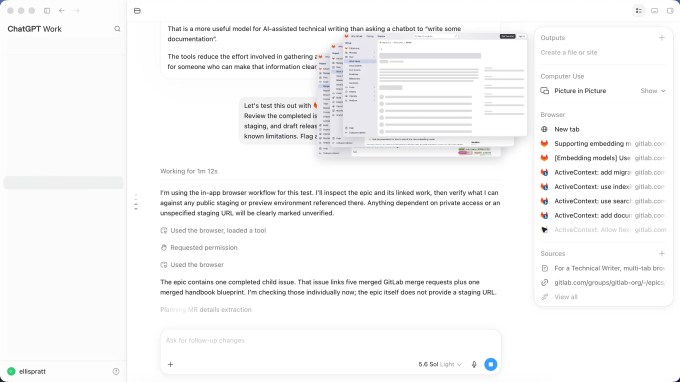 **Alt text:** Screenshot of the ChatGPT Work desktop app showing an active technical-writing task. The main chat reports progress reviewing a GitLab epic and linked merge requests, while an embedded browser preview appears above the response. A right sidebar lists outputs, computer-use controls, several open GitLab tabs, and source links; the left sidebar shows the workspace navigation and user profile.