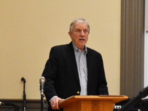 Town Moderator Bill Dakin leads the meeting through the "excitement" of amending an article in 2023. <small>Telegraph file photo