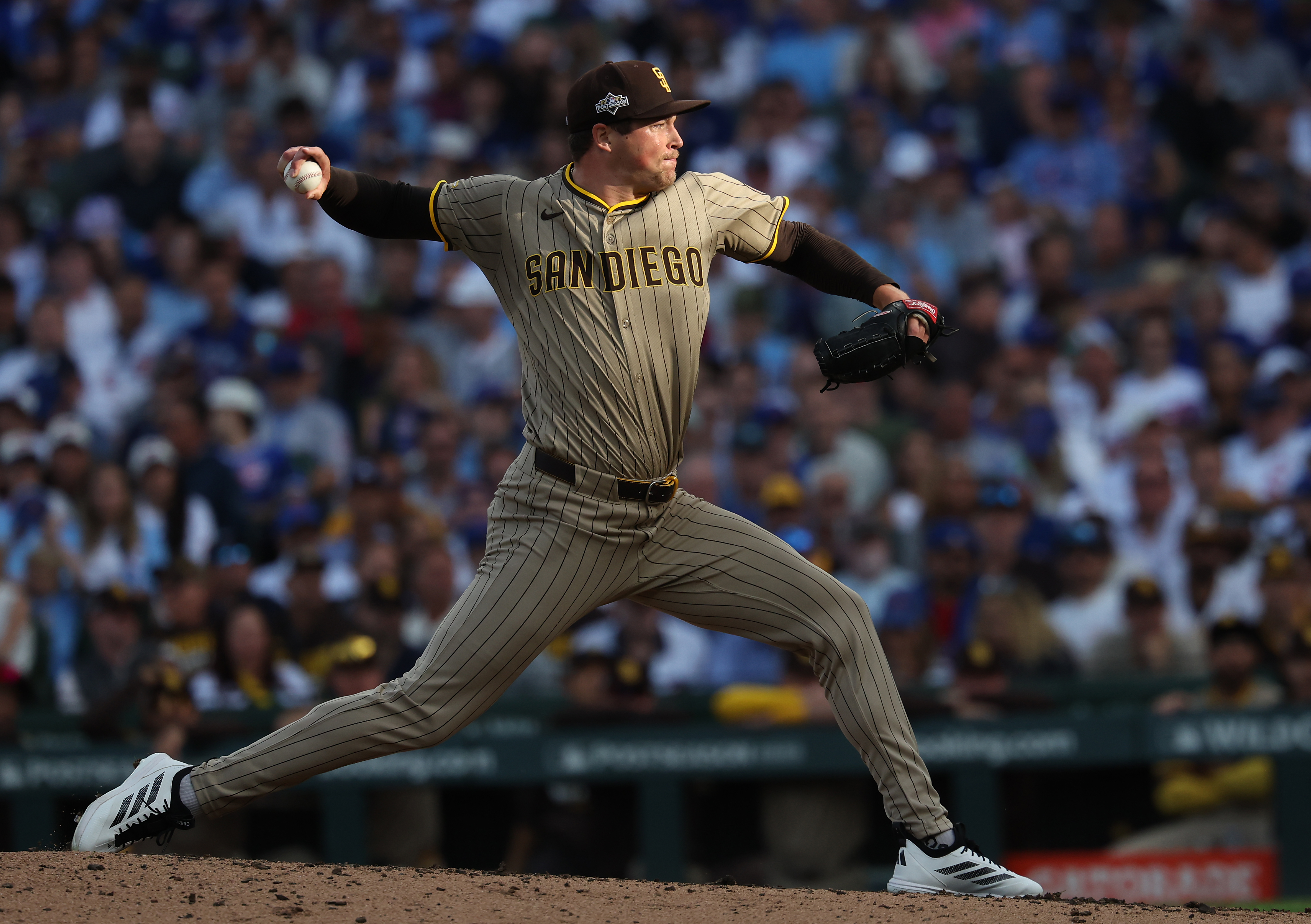 Padres reliever Mason Miller delivers against the Cubs in the eighth inning of Game 2 of the NL wild-card series Oct. 1, 2025, at Wrigley Field. (Chris Sweda/Chicago Tribune)