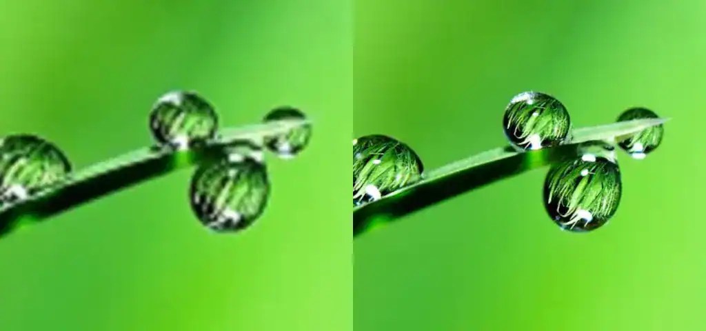 Droplets of water comparing print resolution