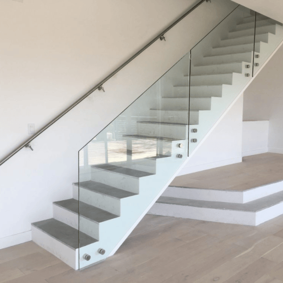 Wooden Standoff Glass Stair Railing Design