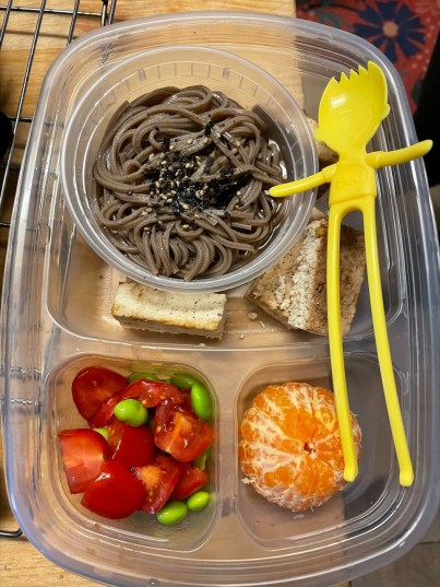 Ian and his partner make their kids vegan lunch everyday! Pictured here is: zarusoba, roasted tofu, edamame and tomato salad, and an orange.