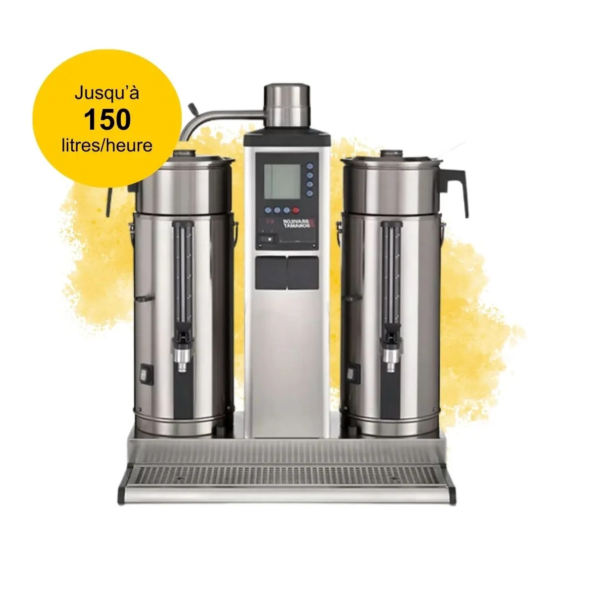 Machine à café filtre Série B en inox avec containers grande capacité, conçue pour préparer et conserver de grandes quantités de café en collectivités.