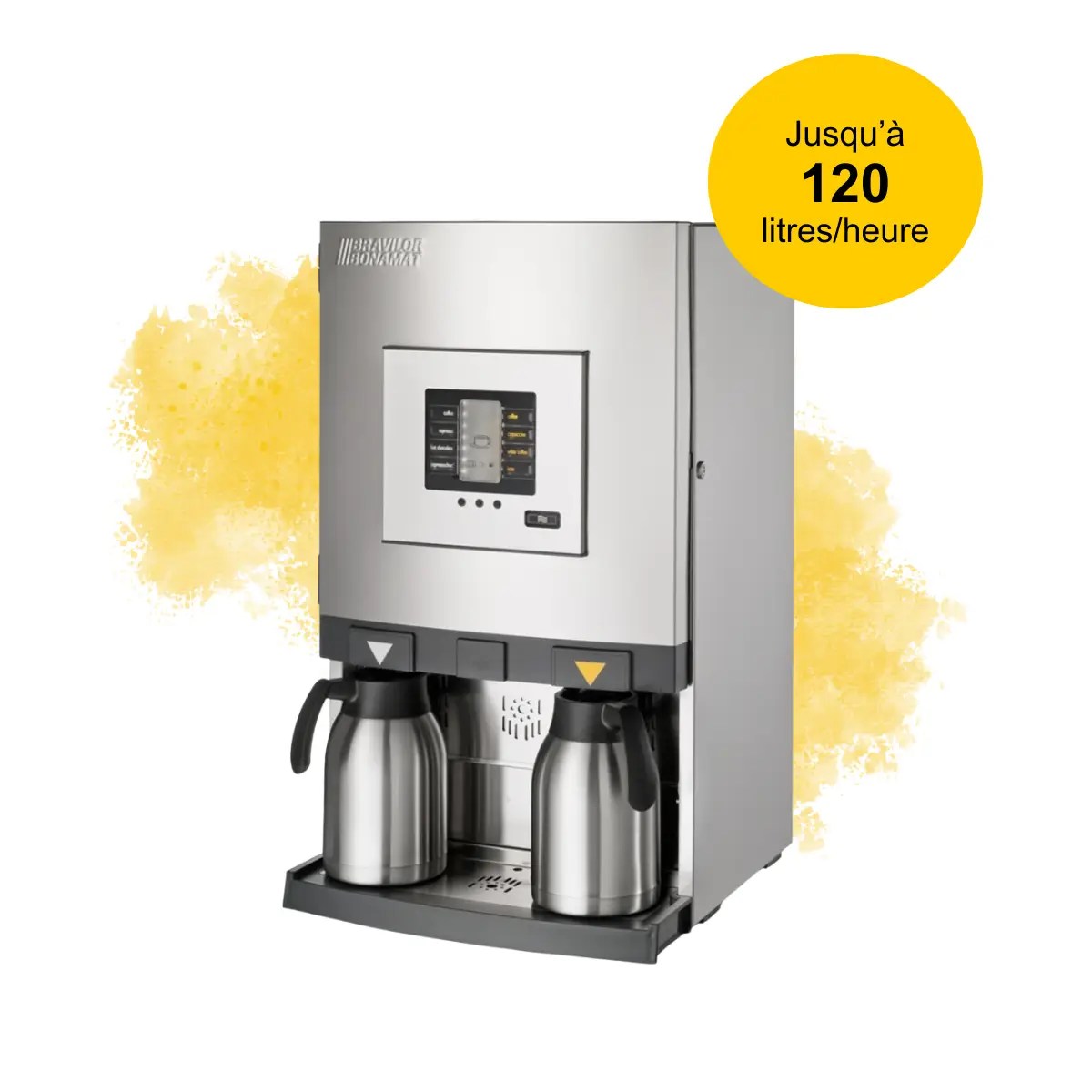 Distributeur professionnel Bolero Turbo XL préparant simultanément deux boissons chaudes, conçu pour servir de grandes quantités en collectivités et hôpitaux.