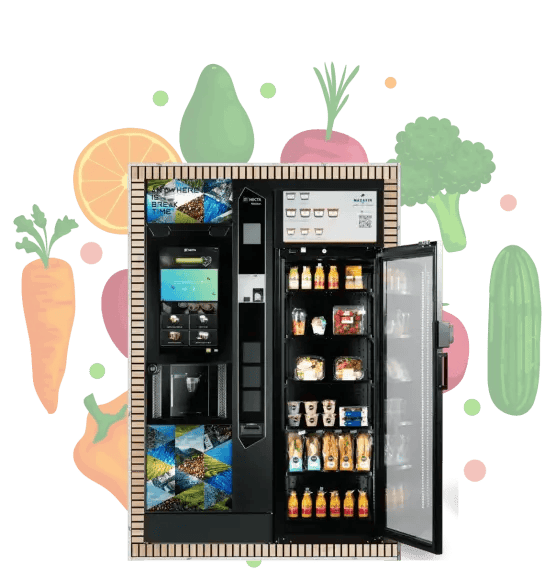 Frigo connecté en entreprise proposant des repas frais, boissons et snacks disponibles 24h/24 pour les collaborateurs.