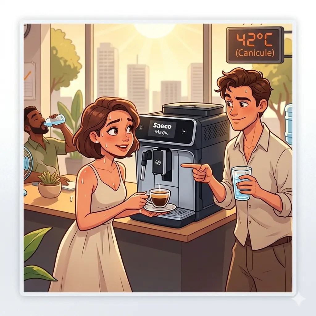 Une illustration animée style bande dessinée montrant deux collègues de bureau dans une cuisine d'entreprise lors d'une forte chaleur à 42°C. La femme tient une tasse de café chaud tandis que l'homme, tenant un verre d'eau fraîche, lui sourit, illustrant le dilemme entre boisson chaude et fraîcheur par temps de canicule.