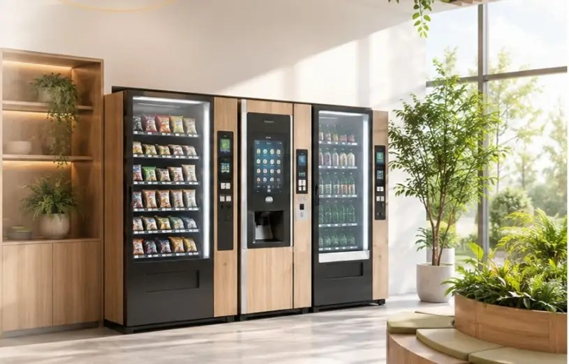 Espace de pause équipé de distributeurs automatiques proposant des boissons, des snacks et des produits frais dans un environnement professionnel moderne.