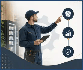 Un technicien contrôle les équipements de distribution automatique dans le cadre de la maintenance préventive.