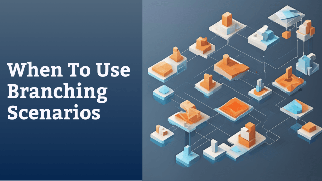 When To Use Branching Scenarios Text on left. On the right is a low poly 3D AI generated image of a branching structure with multiple levels.