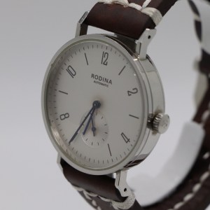 Rodina Automatic R005 - 1995 Steel Wristwatch with Leather Strap, Exhibition Case, Original Box