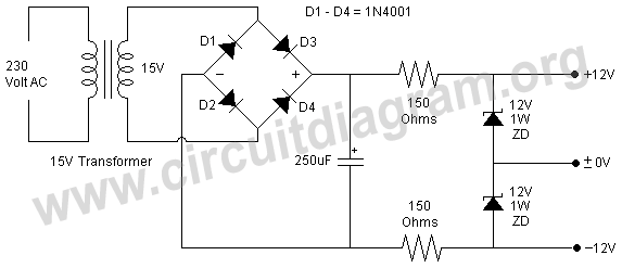 Simple 12v Dual Power Supply Using Zener Diodes Circuit