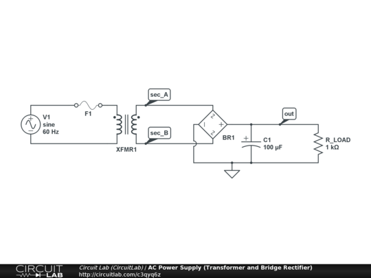 Ac Power Supply Transformer And Bridge Rectifier Circuitlab